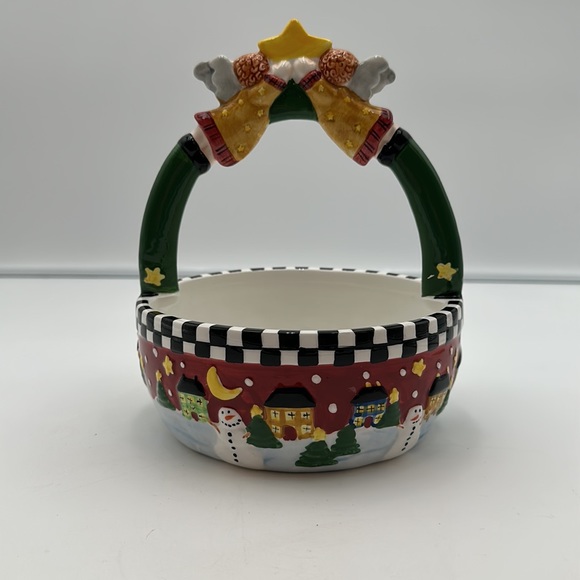 Ceramic Christmas Angel Basket Bowl Winter Scene Peace on Earth Palm Tree Co - Picture 3 of 16